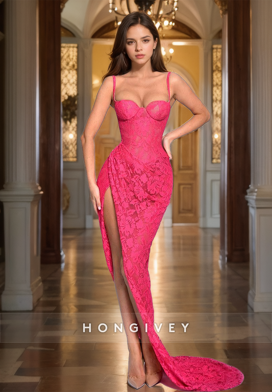 Sexy Lace Applique Side Slit Straps Fuchsia Mermaid Evening Dress 2025 HONGIVEY