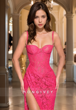 Sexy Lace Applique Side Slit Straps Fuchsia Mermaid Evening Dress 2025 HONGIVEY