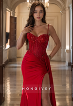 Red Straps Sequined Applique Side Slit Satin Evening Dress Formal Party Gown HONGIVEY