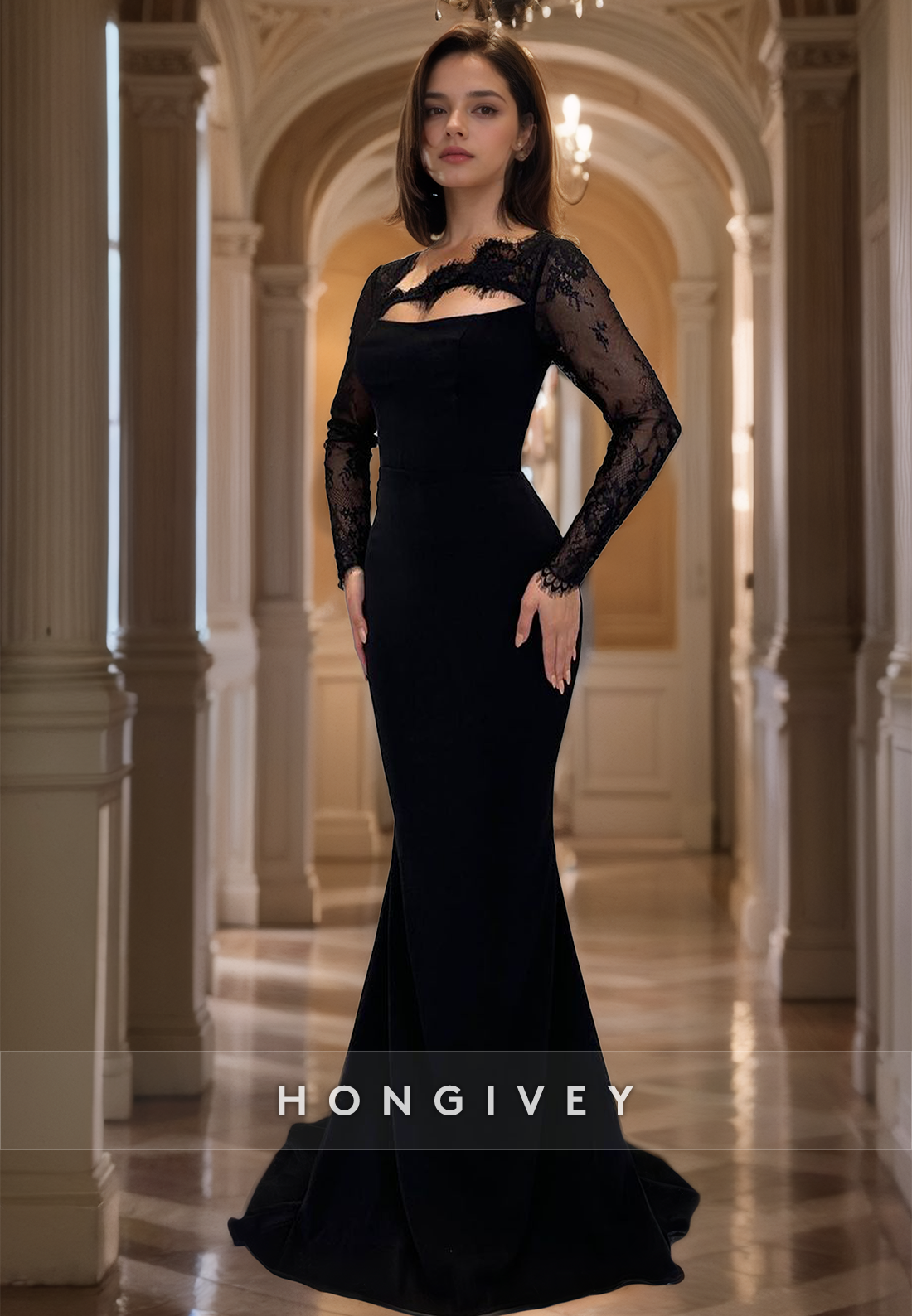 Black Sexy Asymmetrical Lace Applique Mermaid Long Sleeves Formal Evening Dress