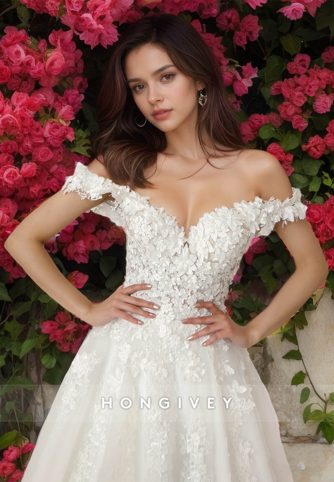 Sexy Tulle A-Line Sweetheart Off-Shoulder Empire Floral Appliqued With Train Wedding Dress