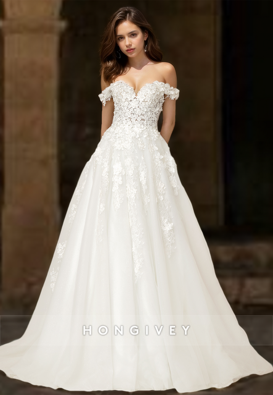 Sexy Tulle A-Line Sweetheart Off-Shoulder Empire Floral Appliqued With Train Wedding Dress