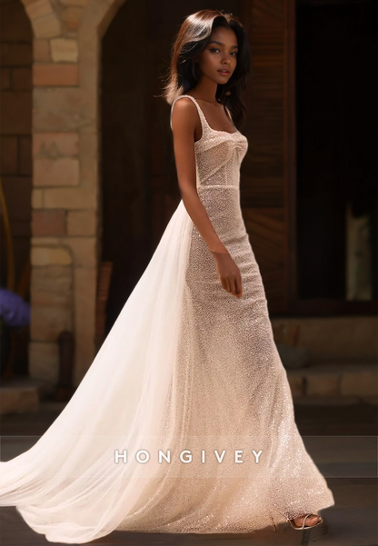 Sexy Fitted Illusion Square Spaghetti Straps Empire With Overlay Train Wedding Dress