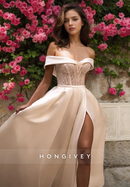 Sexy Satin A-Line Off-Shoulder Appliques Empire With Side Slit Train Wedding Dress