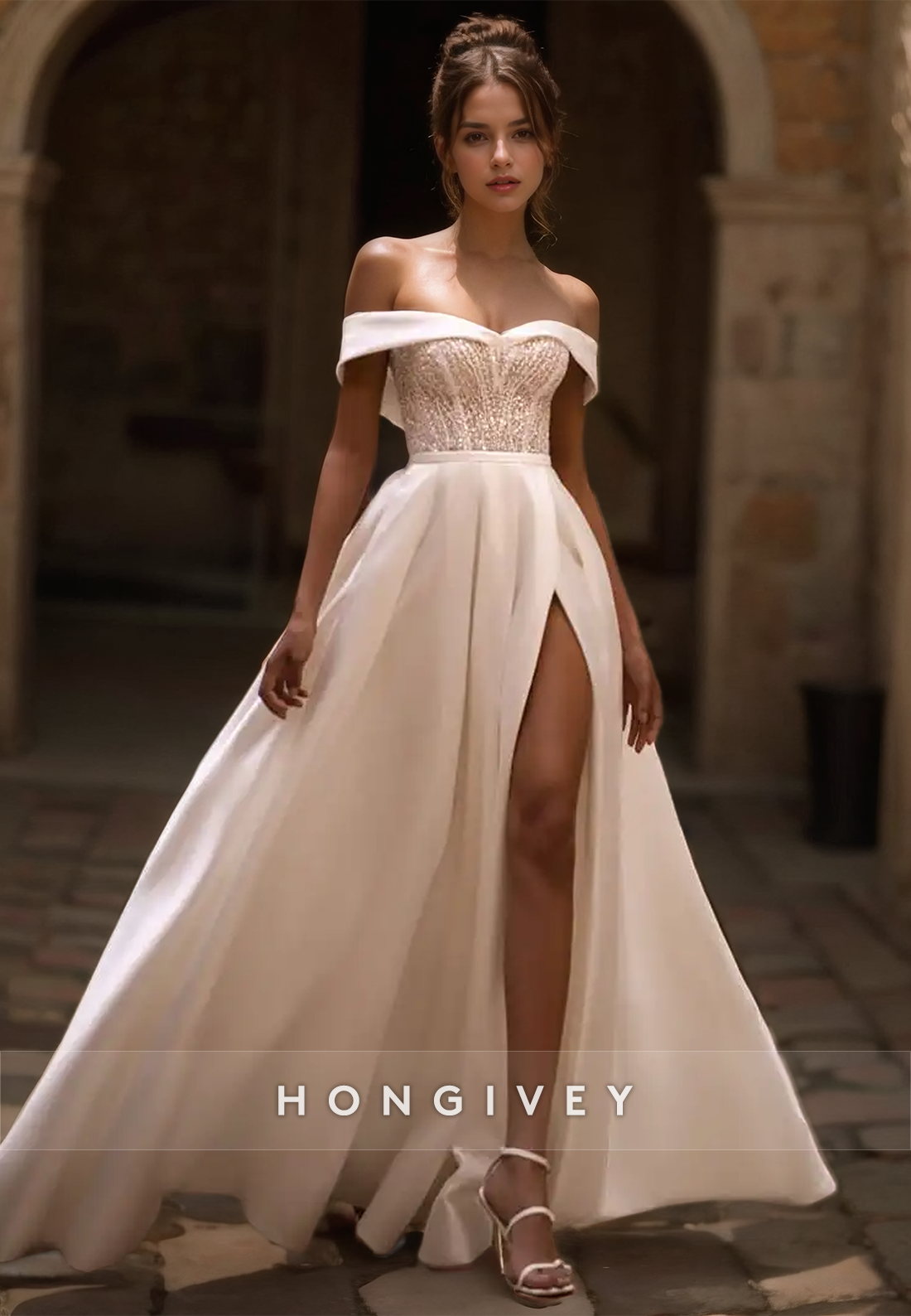 Sexy Satin A-Line Off-Shoulder Appliques Empire With Side Slit Train Wedding Dress