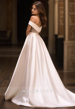 Sexy Satin A-Line Off-Shoulder Appliques Empire With Side Slit Train Wedding Dress