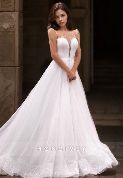 Sexy Tulle A-Line Scoop Long Sleeve Empire Beaded With Train Wedding Dress