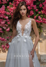 Sexy Tulle A-Line Scoop Empire Sleeveless Appliques With Side Slit Train Wedding Dress