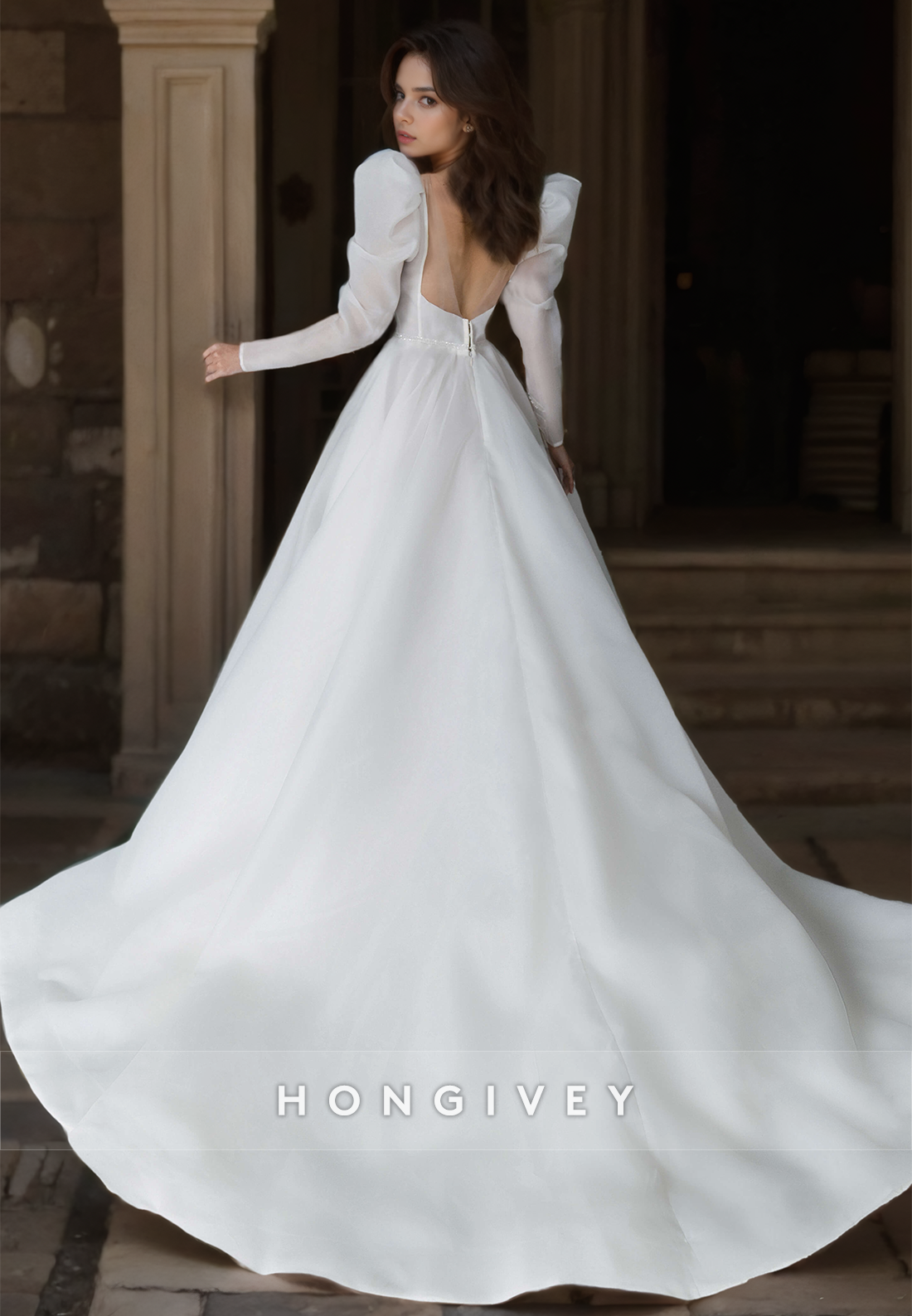 Sexy Satin A-Line Scoop Long Sleeve Empire Appliques Beaded With Train Wedding Dress