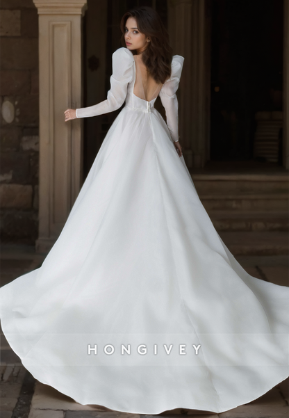 Sexy Satin A-Line Scoop Long Sleeve Empire Appliques Beaded With Train Wedding Dress