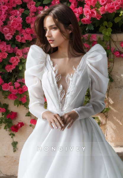 Sexy Satin A-Line Scoop Long Sleeve Empire Appliques Beaded With Train Wedding Dress