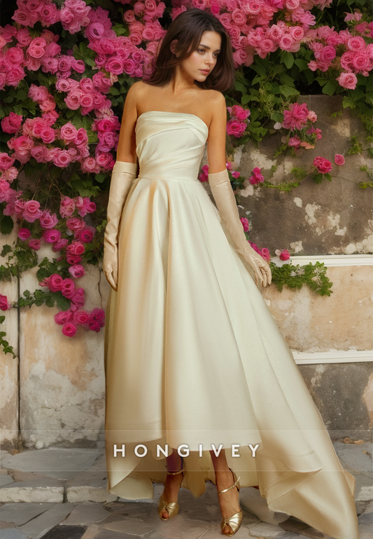 Sexy Satin A-Line Strapless Empire Ruched High Low Gloves Bowknot With Train Wedding Dress