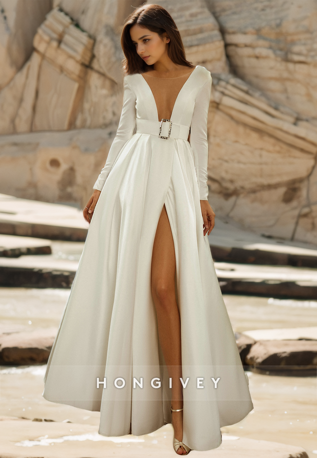 Sexy Satin A-Line Scoop Long Sleeve Empire Belt Backless With Side Slit Wedding Dress