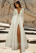 Sexy Satin A-Line Scoop Long Sleeve Empire Belt Backless With Side Slit Wedding Dress