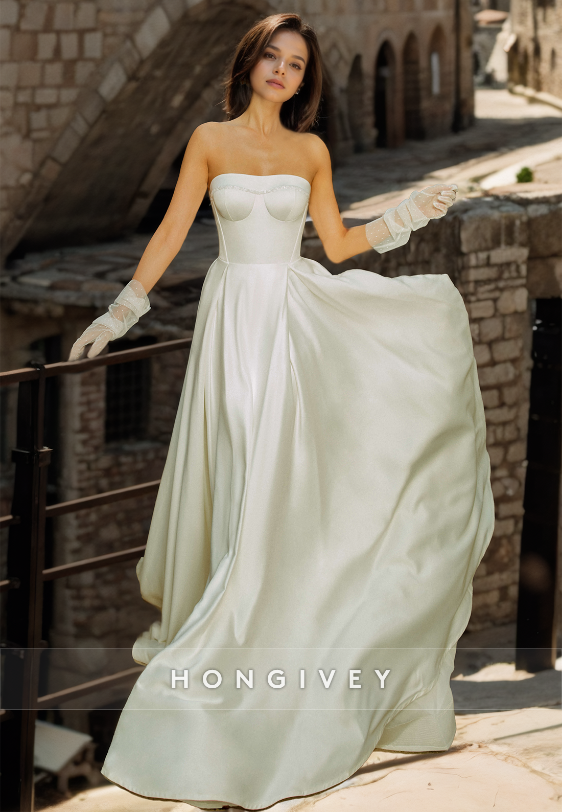 Sexy Satin A-Line Square Strapless Empire With Lace Gloves Train Weddi