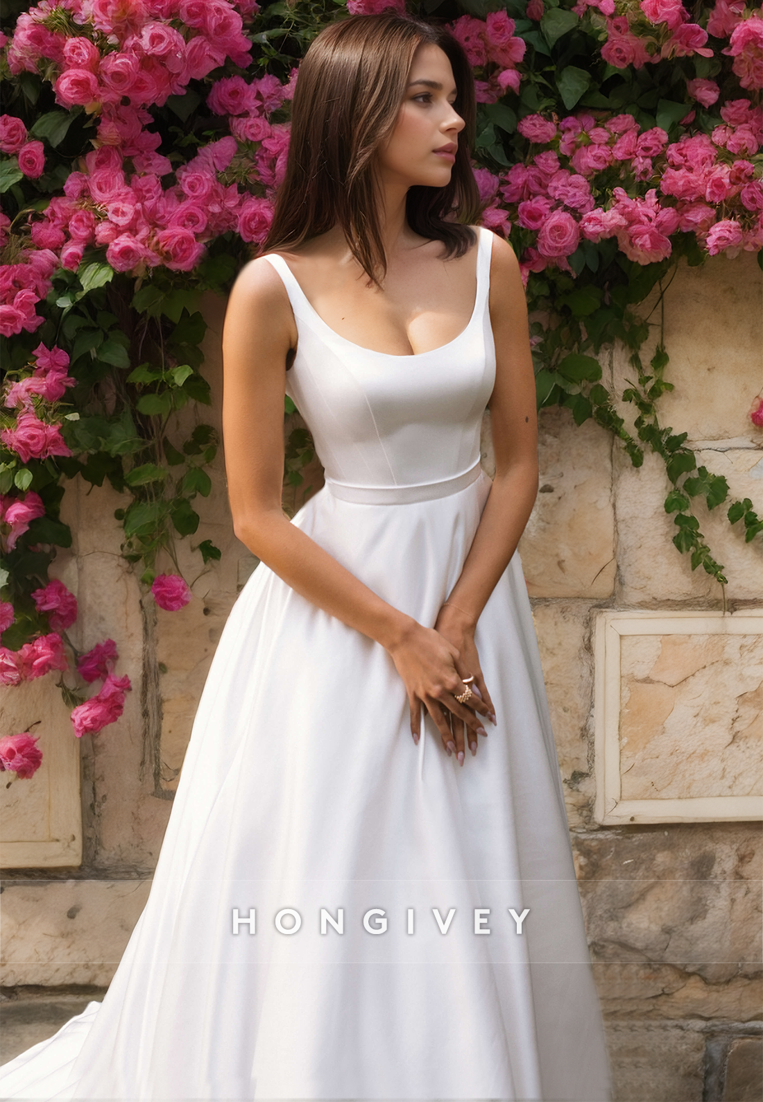 Sexy Satin A-Line Scoop Spaghetti Straps Empire Sleeveless With Train Wedding Dress