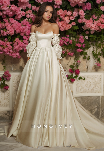 Sexy Satin A-Line Bateau Strapless Long Puff Sleeves Empire With Train Wedding Dress