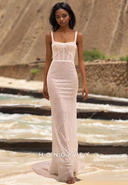 Sexy Fitted Illusion Square Spaghetti Straps Empire With Overlay Train Wedding Dress