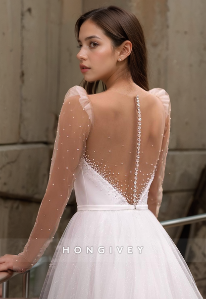 Sexy Tulle A-Line Scoop Long Sleeve Empire Beaded With Train Wedding Dress