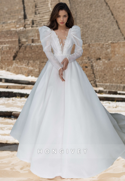 Sexy Satin A-Line Scoop Long Sleeve Empire Appliques Beaded With Train Wedding Dress