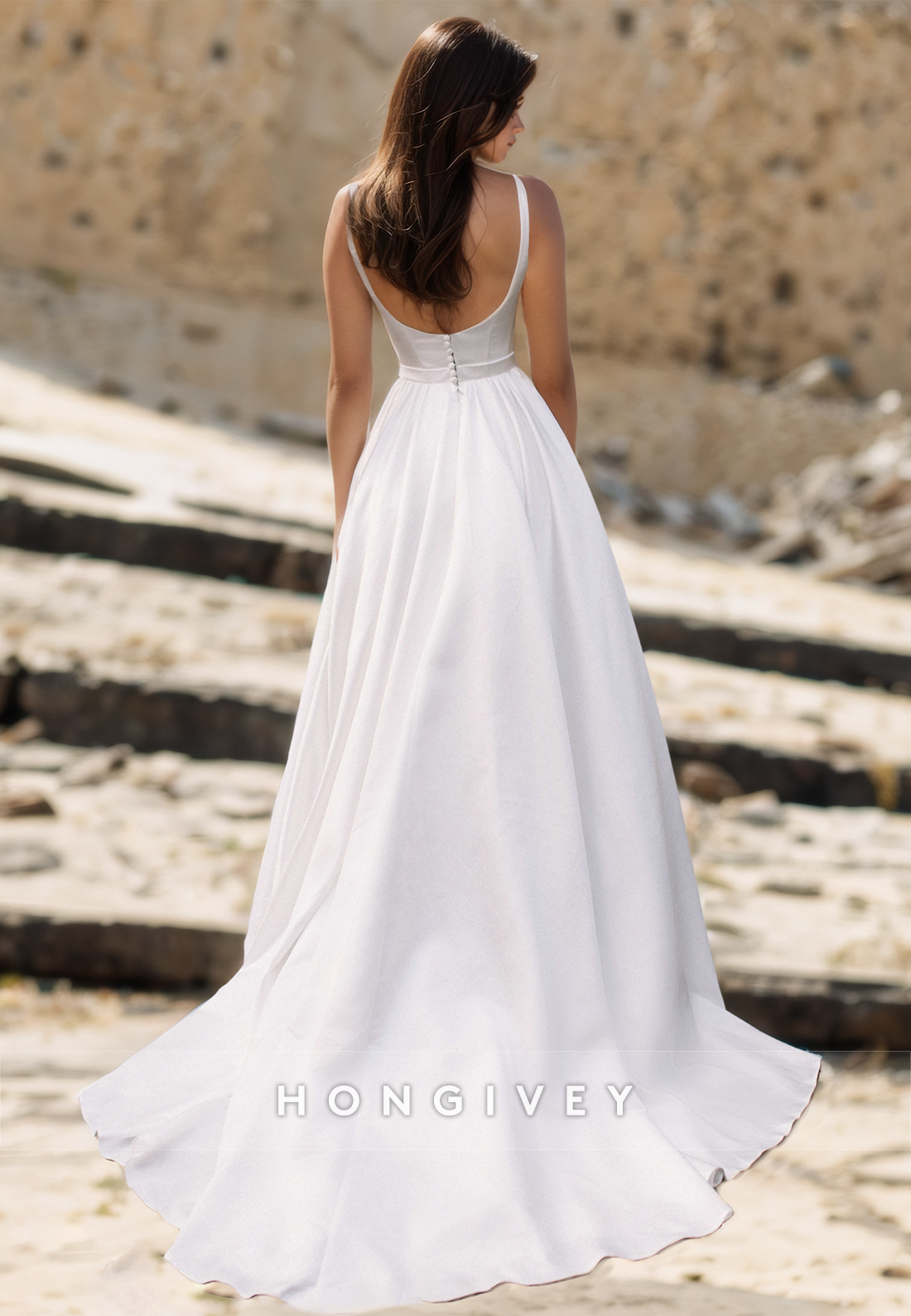 Sexy Satin A-Line Scoop Spaghetti Straps Empire Sleeveless With Train Wedding Dress