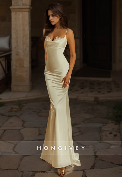 Sexy Satin Trumpt Bateau Spaghetti Straps Appliques With Train Beach Wedding Dress