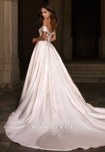 Sexy Satin A-Line Off-Shoulder Empire Appliques With Train  Wedding Dress