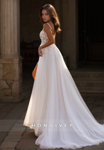 HONGIVEY Side Slit Tulle Wedding Dress Straps A-Line Sleeveless Organza Bridal Dresses