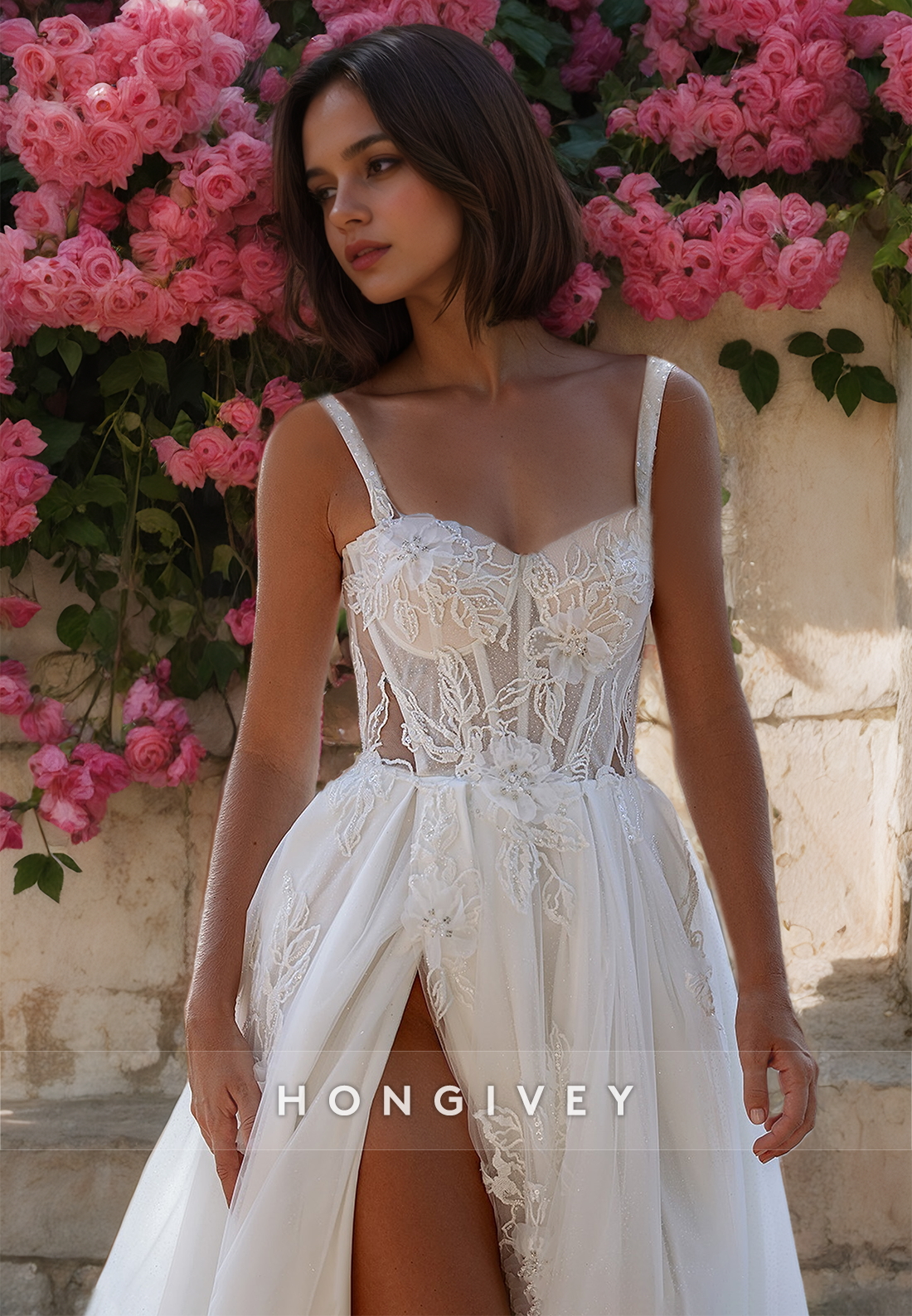 HONGIVEY Applique Tullle Wedding Dress A-Line Side Slit Straps Sweetheart Bride Gown