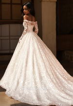 HONGIVEY Chic Full Applique Tulle Wedding Dress with Train Long Sleeves A-Line Bride Gown