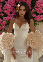 HONGIVEY Chic Floral Mermaid Wedding Dress with Cape Straps Satin Bride Gown with Train