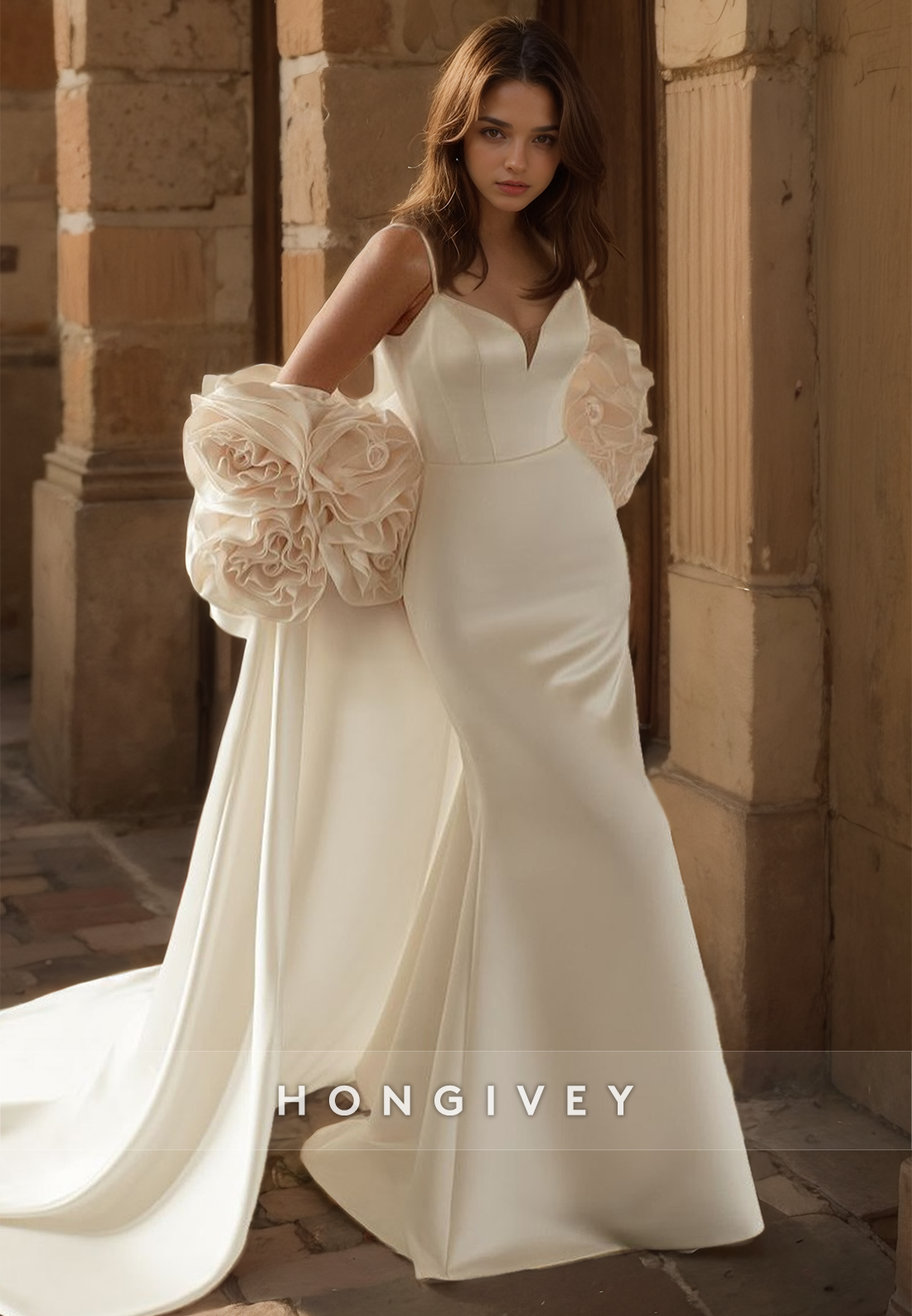 HONGIVEY Chic Floral Mermaid Wedding Dress with Cape Straps Satin Bride Gown with Train