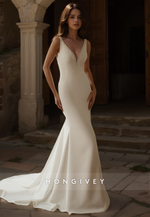 HONGIVEY V-Neck Mermaid Wedding Dress with Detachable Train Straps Satin Bridal Dresses