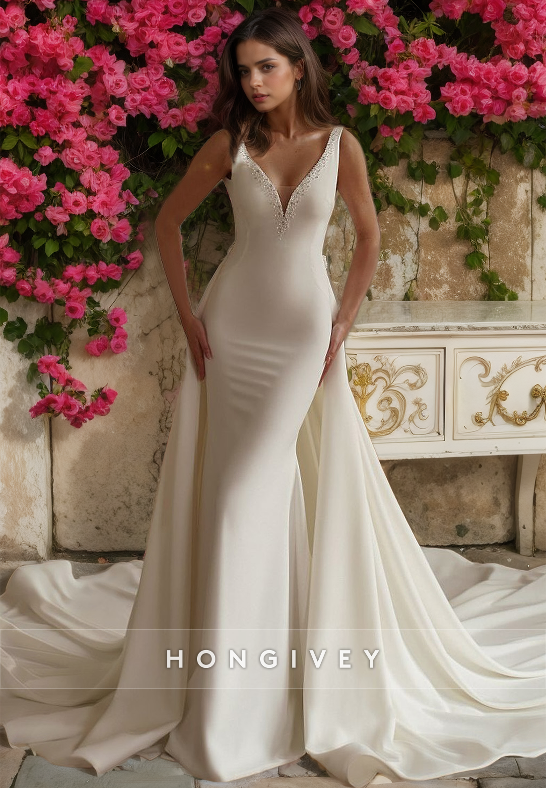 HONGIVEY V-Neck Mermaid Wedding Dress with Detachable Train Straps Satin Bridal Dresses