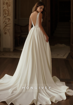 HONGIVEY V-Neck Mermaid Wedding Dress with Detachable Train Straps Satin Bridal Dresses