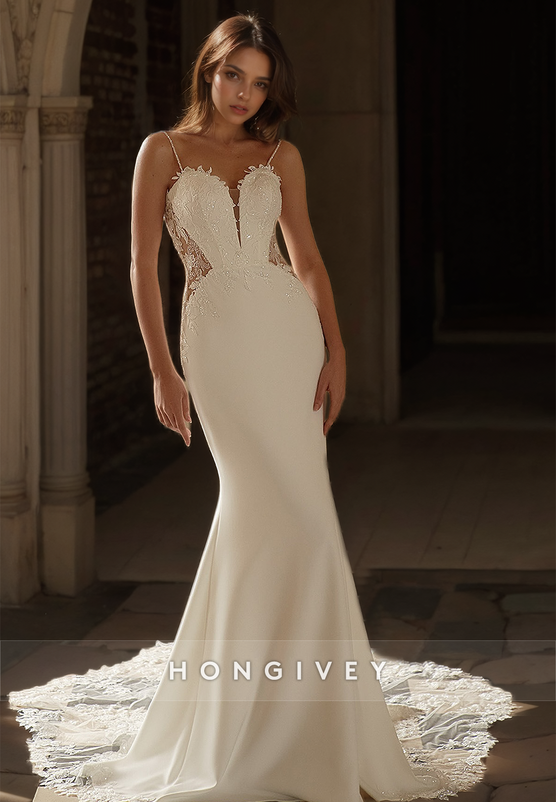 HONGIVEY Sexy Straps Mermaid Wedding Dress Applique Sweetheart Sleeveless Bride Gown