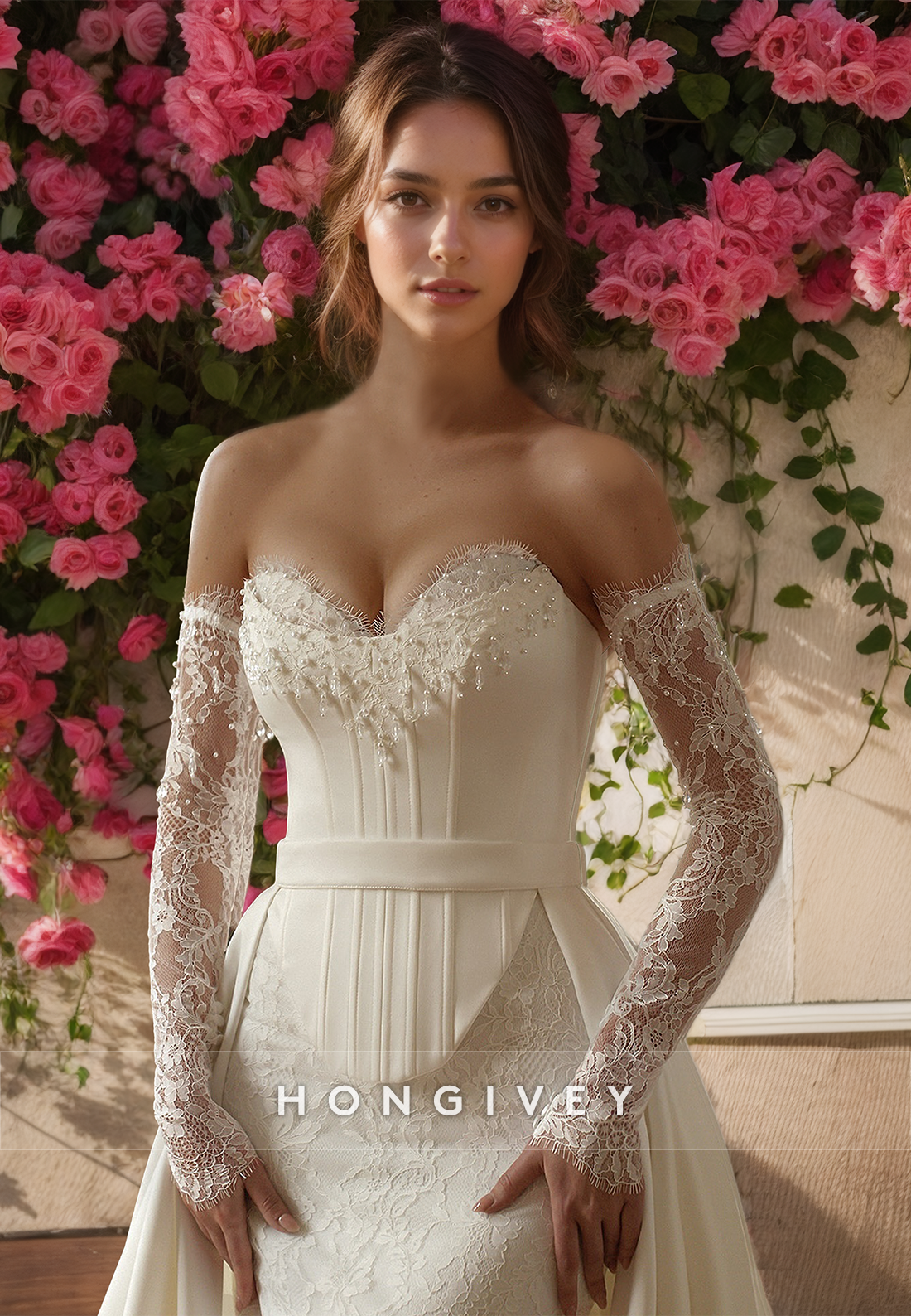 HONGIVEY Strapless Mermaid Wedding Dress Long Sleeves Sweetheart Lace Applique Bridal Dresses