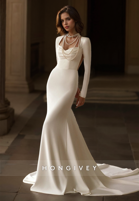 HONGIVEY Square Mermaid Wedding Dress Long Sleeves Satin Bride Gown with Train