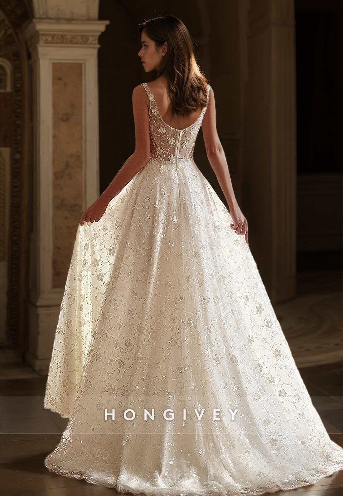 HONGIVEY Floral Straps Wedding Dress Side Slit A-Line Square Floor-Length Bride Gown