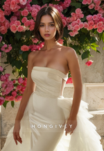 HONGIVEY Satin Mermaid Wedding Dress with Detachable Train Strapless Tulle Bride Gown