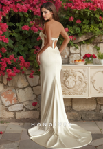 HONGIVEY Satin Mermaid Wedding Dress with Detachable Train Strapless Tulle Bride Gown