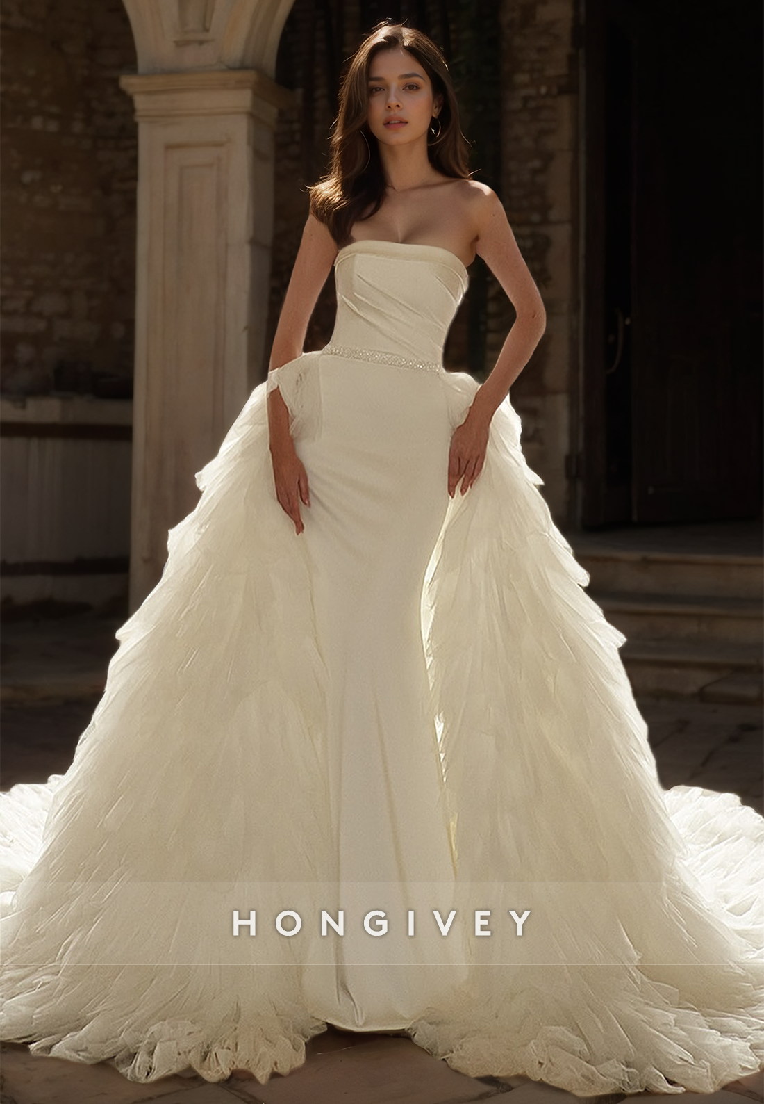 HONGIVEY Satin Mermaid Wedding Dress with Detachable Train Strapless Tulle Bride Gown