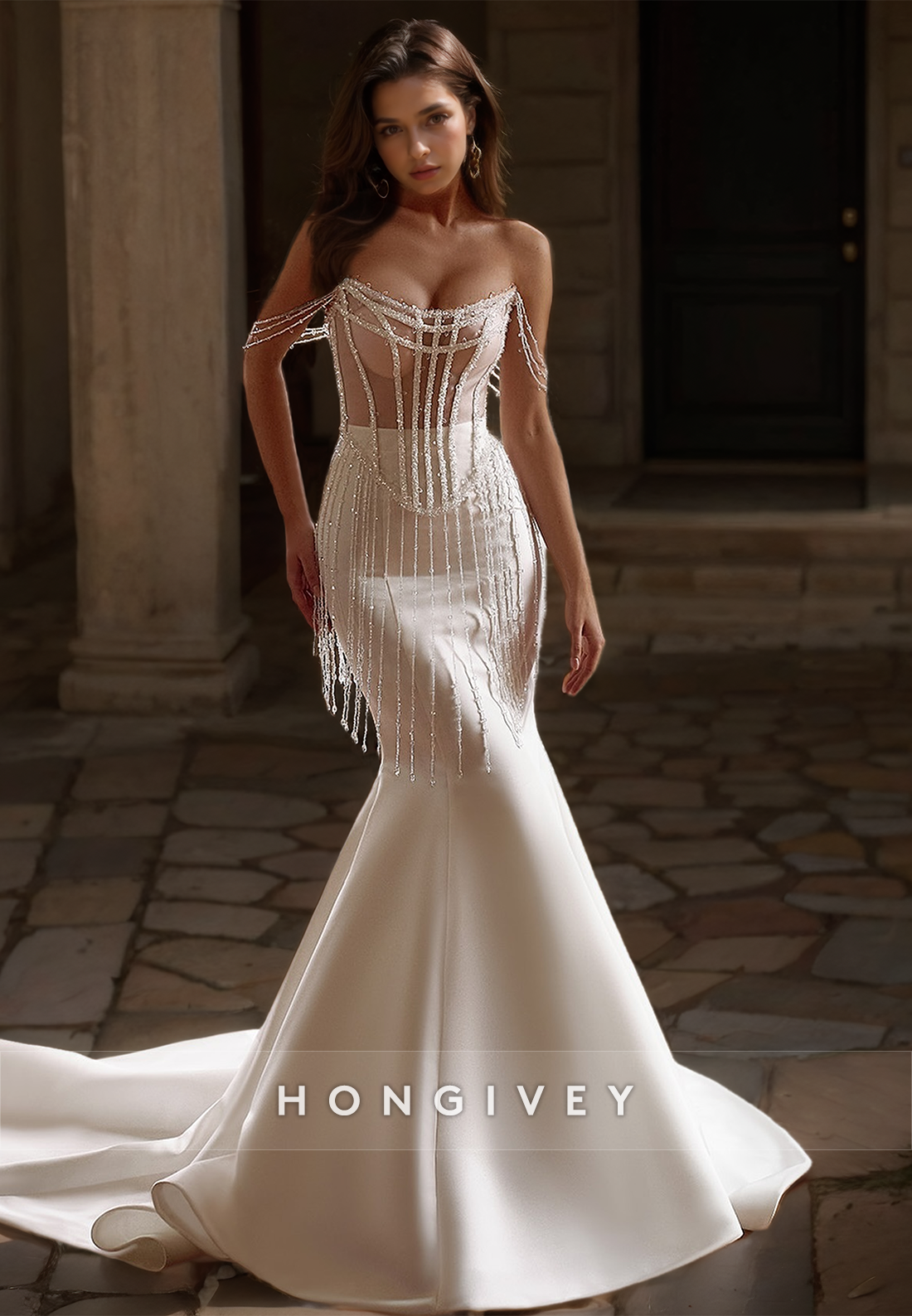 HONGIVEY Sexy Crysta Tassels Mermaid Wedding Dress with Train Gorgeous Satin Bride Gown