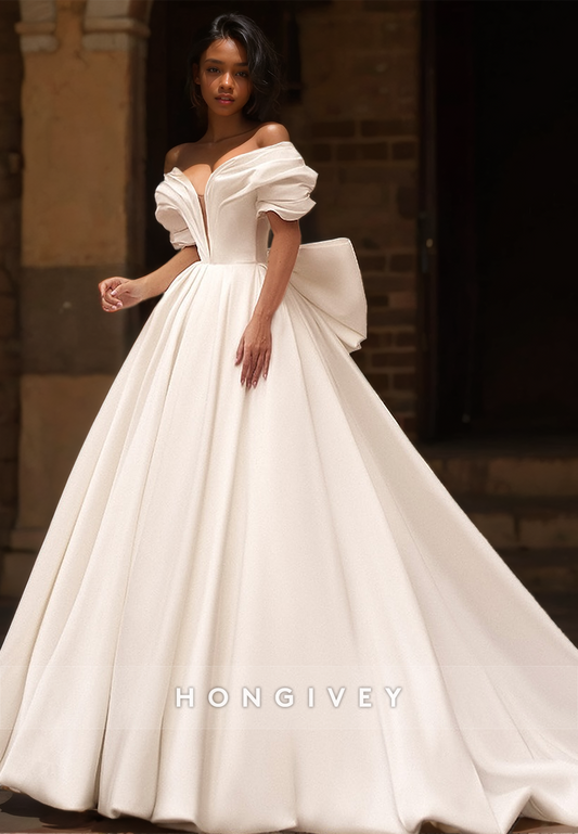 HONGIVEY Elegant Off-Shoulder Wedding Dress with Bow A-Line with Train Bridal Dresses