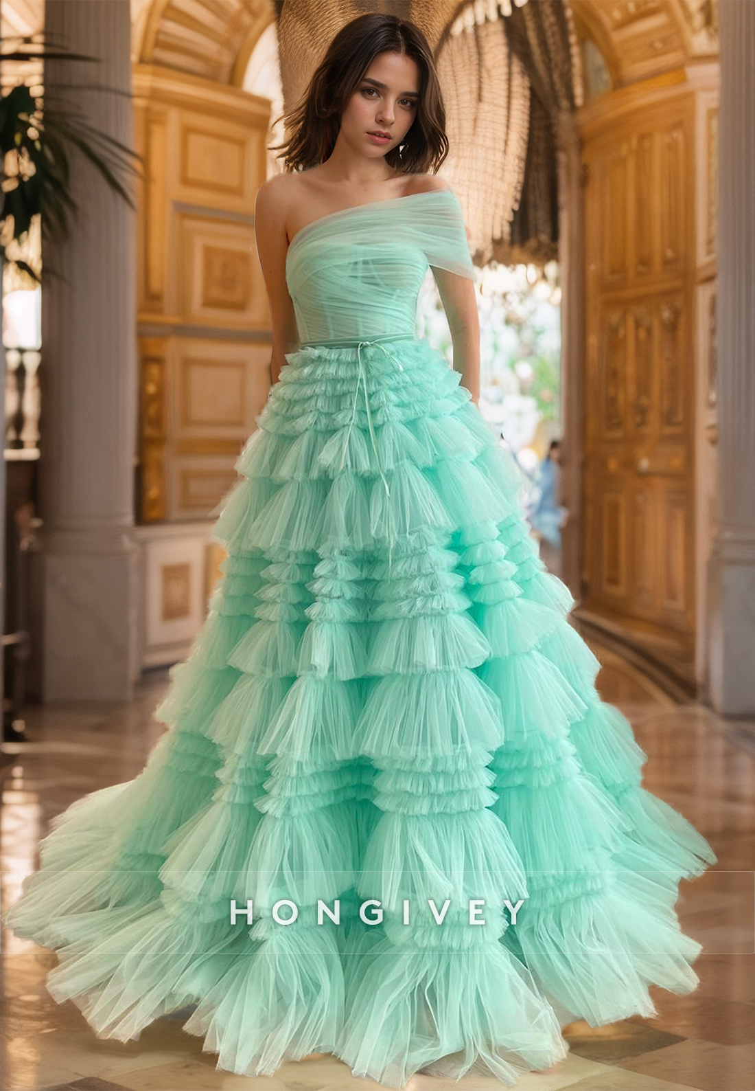 Sexy Tulle A-Line Illusion One Shoulder Empire Tiered Long Ball Gown Party Prom Evening Dress