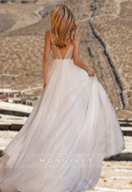 Fully Beaded Illusion V-Neck With Train And Slit Long Wedding Dress