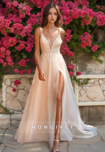 Fully Beaded Illusion V-Neck With Train And Slit Long Wedding Dress