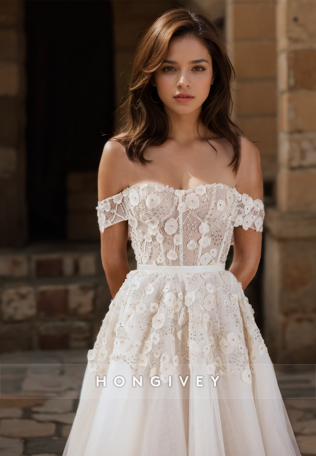 Floral Appliqued Crystal Beaded Illusion Tiered With Train Long Wedding Dress