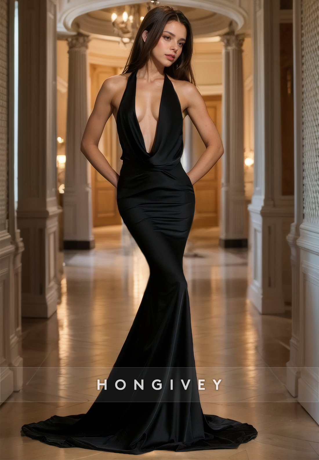 HONGIVEY Sexy V-Neck Mermaid Formal Evening Dress Backless Empire Waist Party Gown