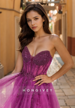 HONGIVEY Gorgeous Glitter Purple Organza Formal Evening Dress A-Line Strapless Long Prom Gown